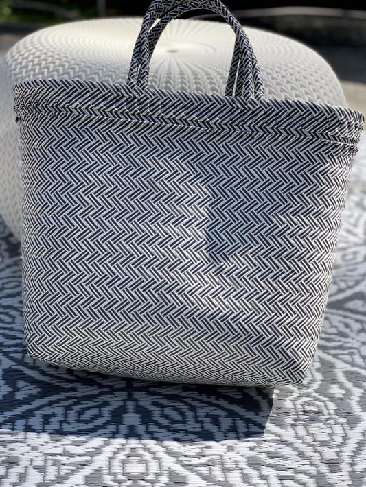 Muse Tote | Black: Large black and white woven tote bag.
