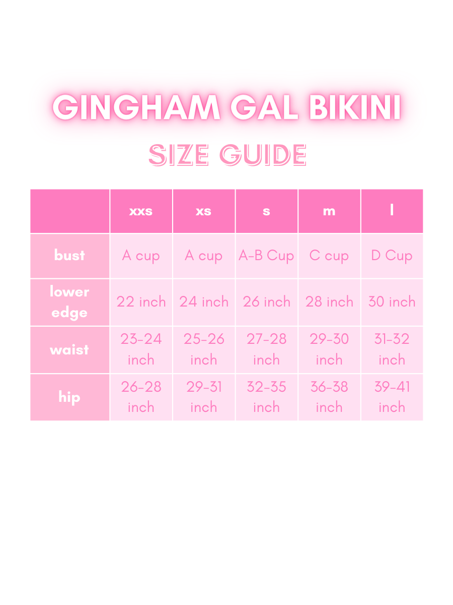 Bikini size chart with measurements in inches for bust, waist, and hip, categorized by size (XXS-L).
