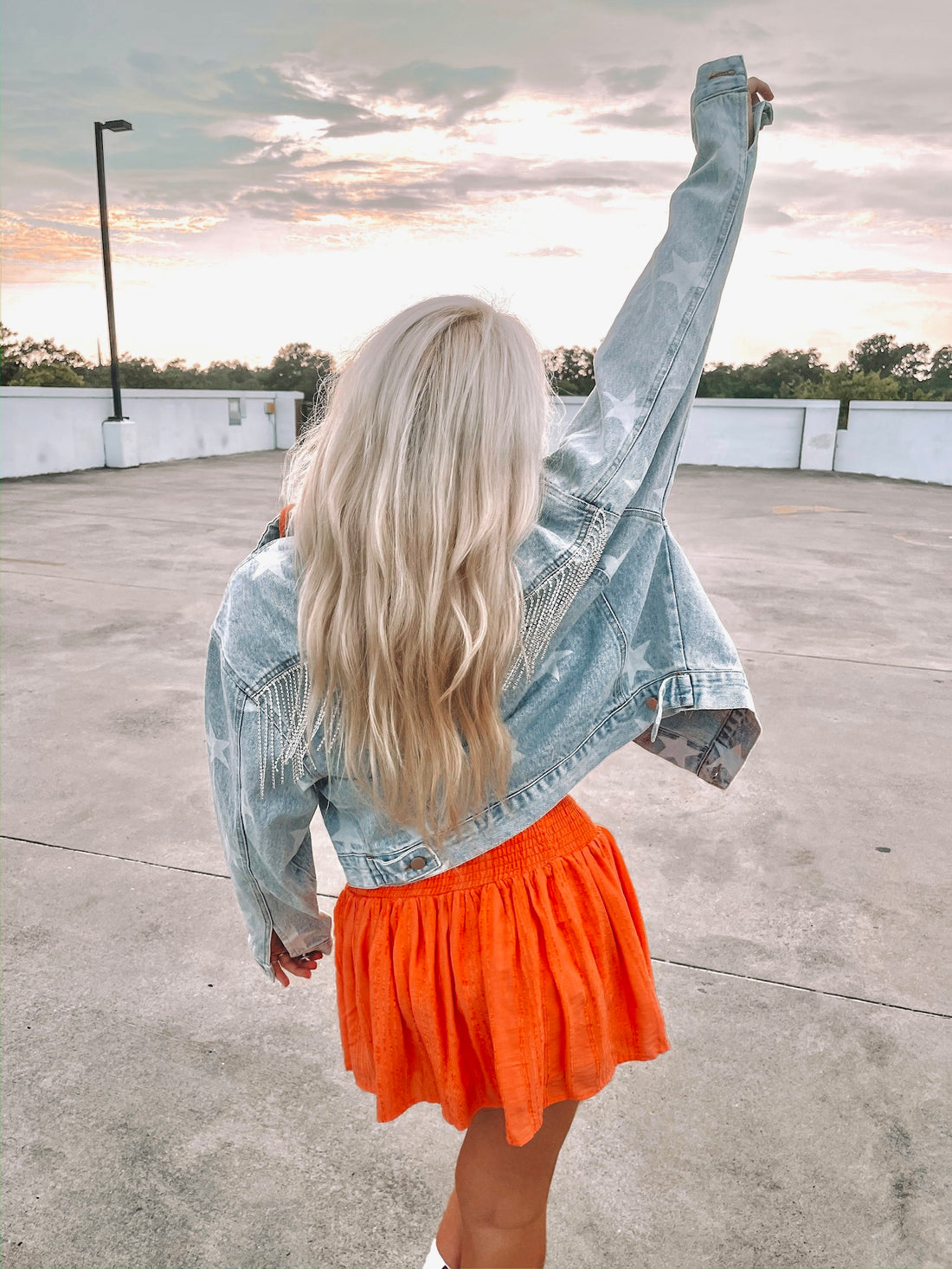 Light wash denim Power Trip star jacket with rhinestone detail
