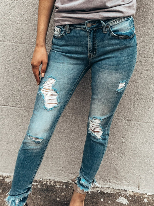 Play It Best distressed denim jeans with frayed hems

