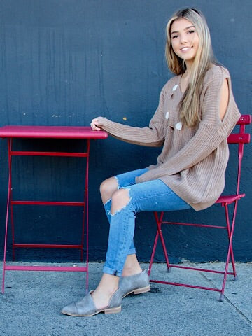 Cabin Fever Sweater in khaki:  Relaxed-fit, open-shoulder knit sweater with subtle polka dots.

