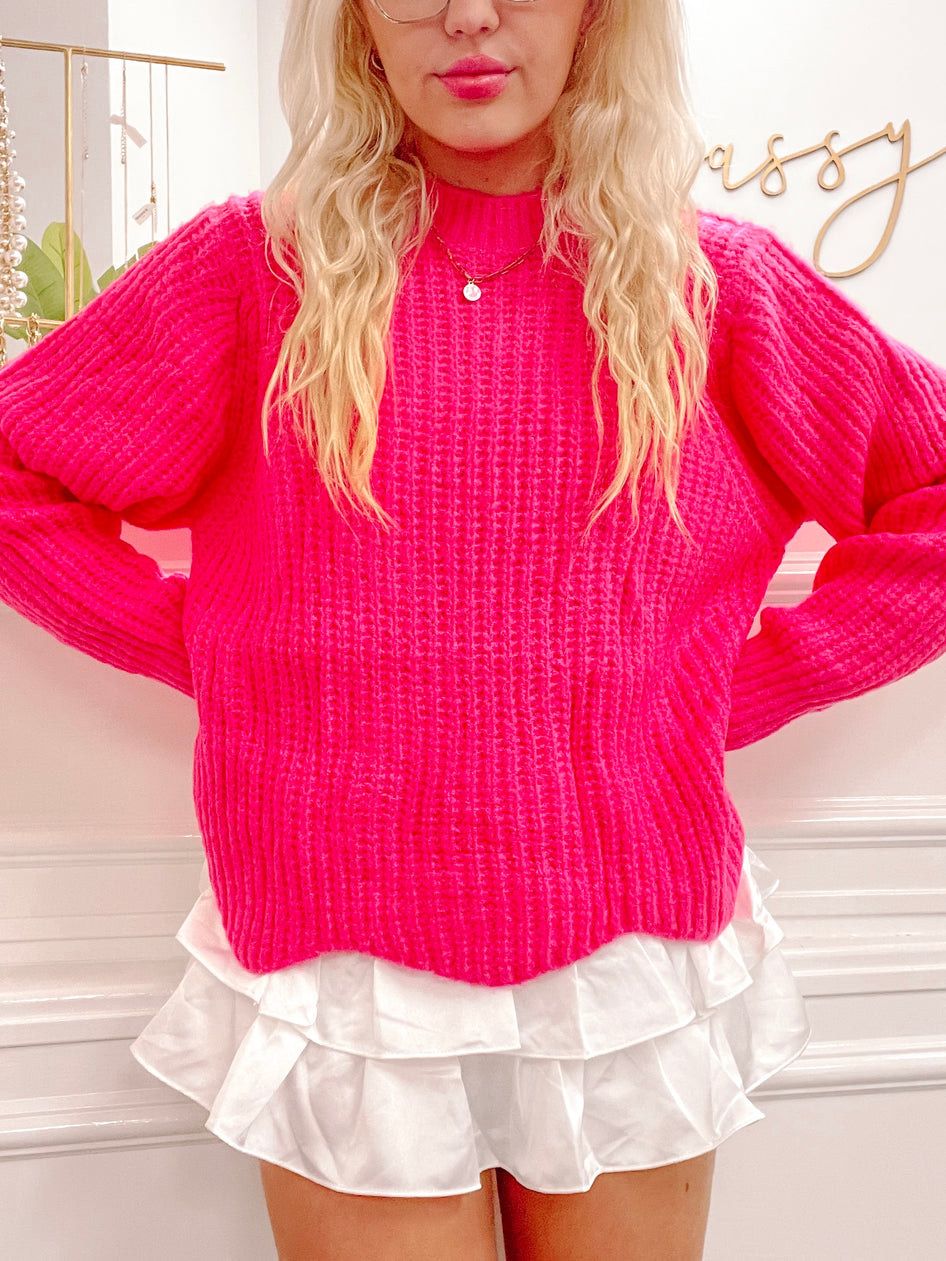 Hot pink Sweet Scallop Sweater, chunky knit, relaxed fit
