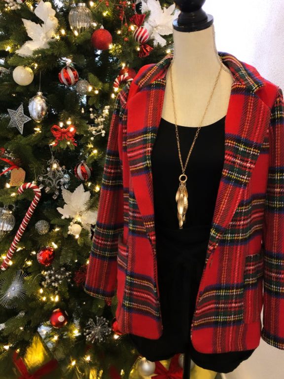 Red plaid blazer, festive holiday style
