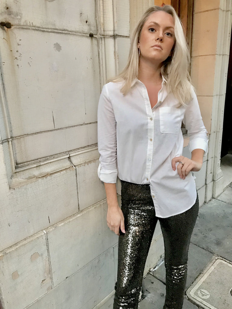 Black Tie Sequin Leggings:  Sparkling black leggings with silver sequins, perfect for parties.
