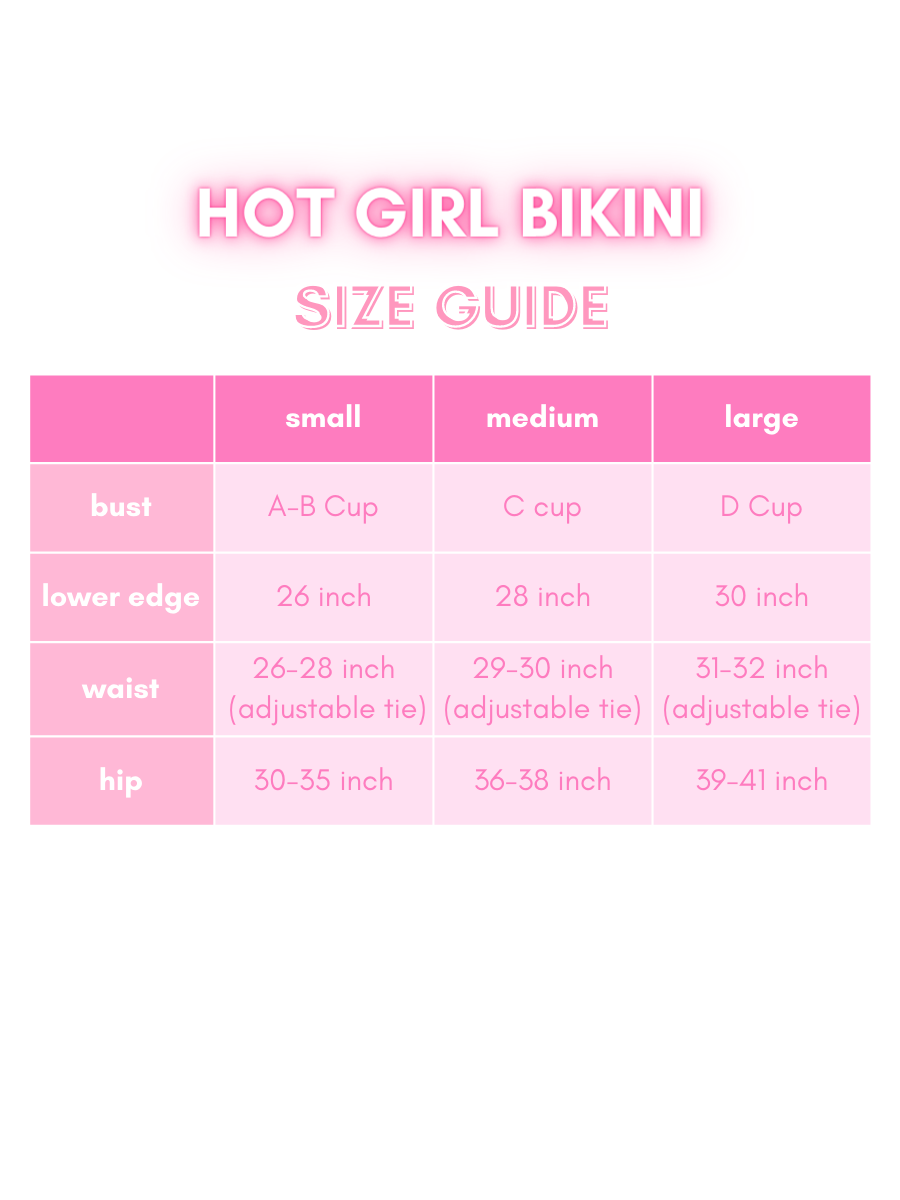 Pink bikini size chart with measurements for bust, waist, and hip.
