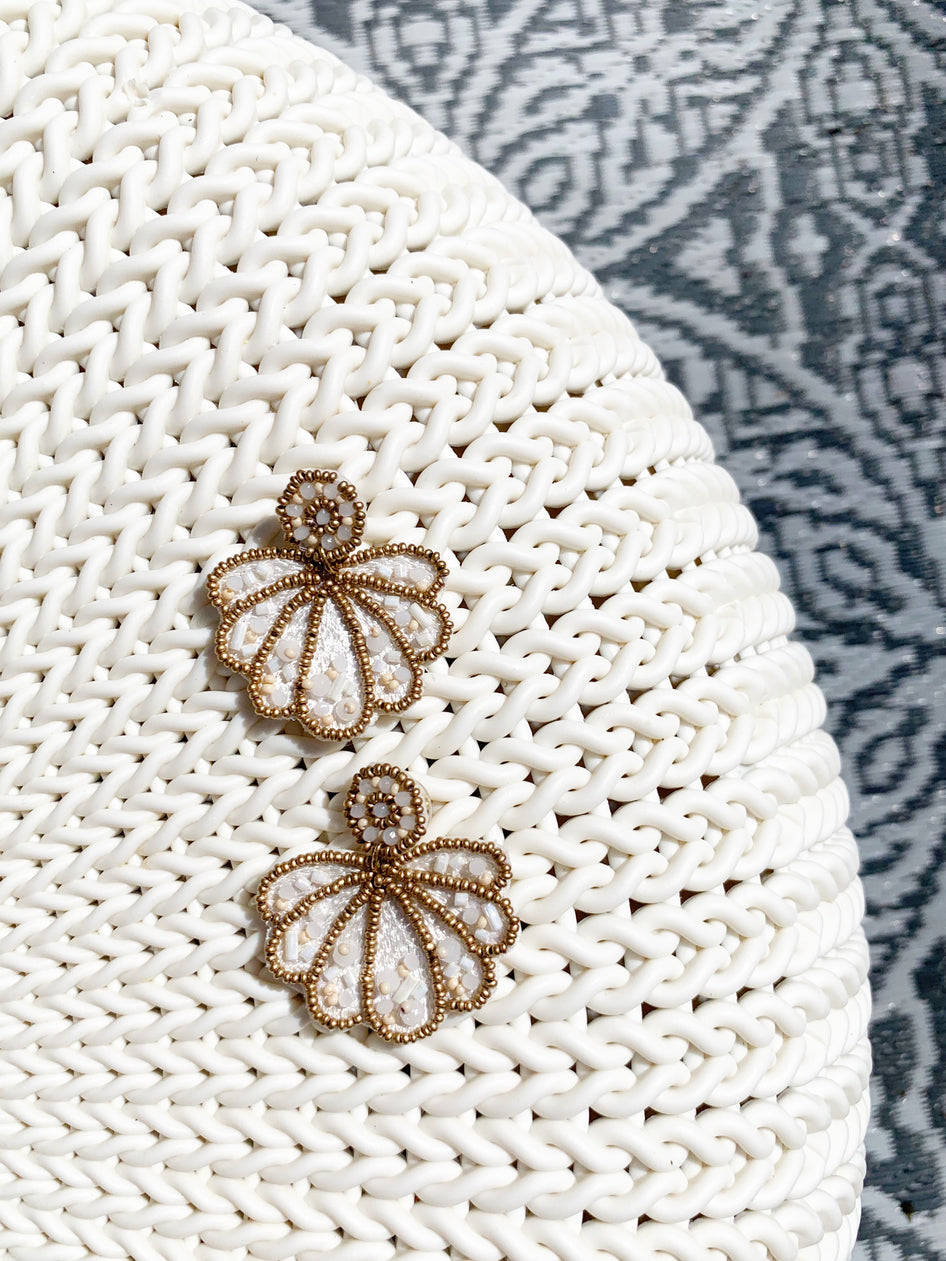 Beaded shell earrings; white & gold accents.
