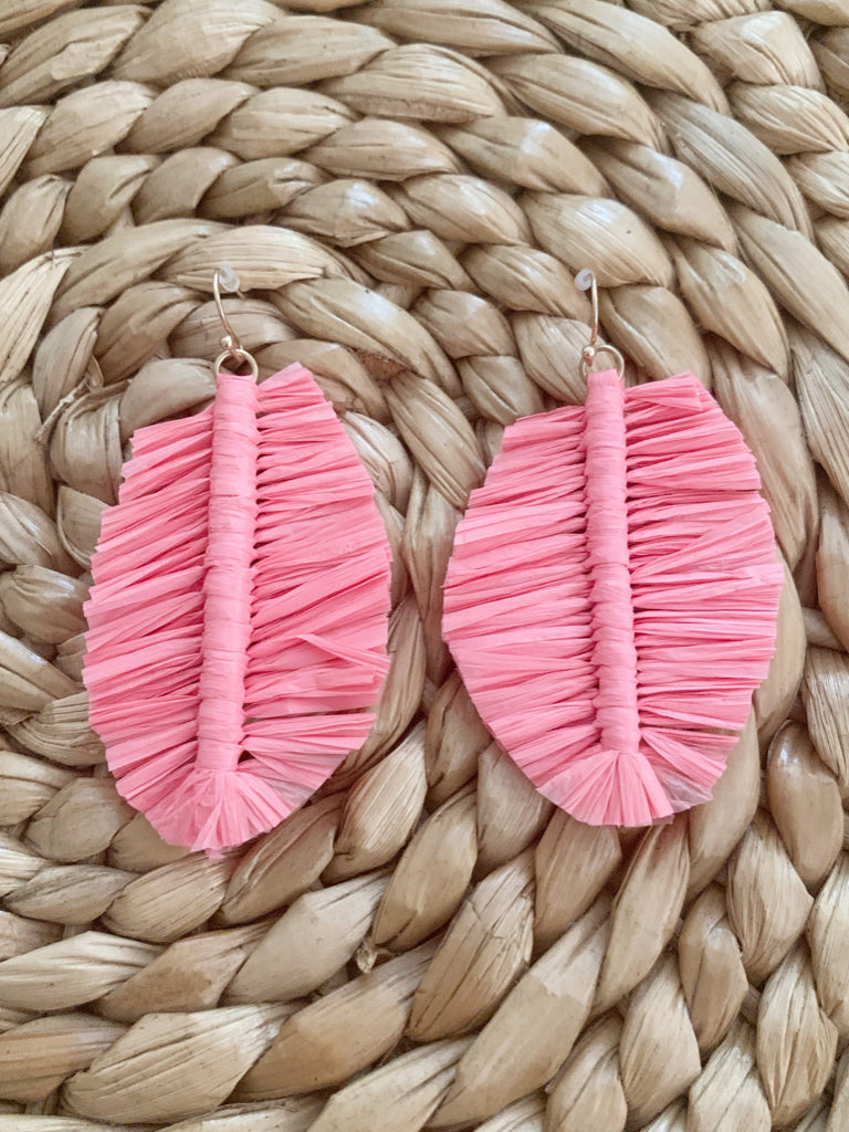 Pink Laffy Taffy feather earrings with gold hooks
