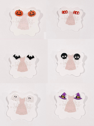Sassy Shortcake Halloween mini earrings: pumpkins, bats, ghosts, skulls, witch hats, and "boo" studs.
