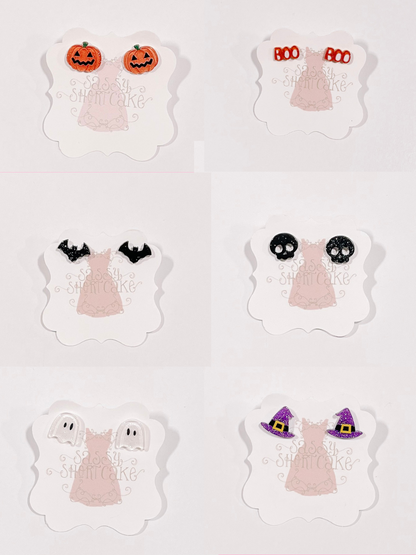 Sassy Shortcake Halloween mini earrings: pumpkins, bats, ghosts, skulls, witch hats, and "boo" studs.
