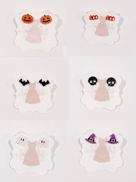 Sassy Shortcake Halloween mini earrings: pumpkins, bats, ghosts, skulls, witch hats, and "boo" studs.
