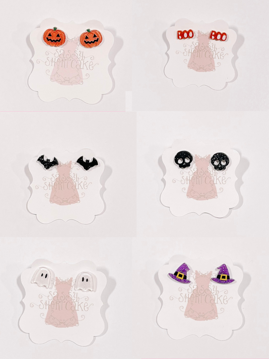 Sassy Shortcake Halloween mini earrings: pumpkins, bats, ghosts, skulls, witch hats, and "boo" studs.
