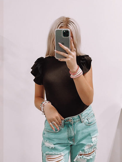 Black Londyn Top: Ribbed, ruffle-sleeve bodysuit

