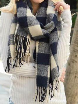 Navy Check Craze fringed scarf; soft, warm wool blend.
