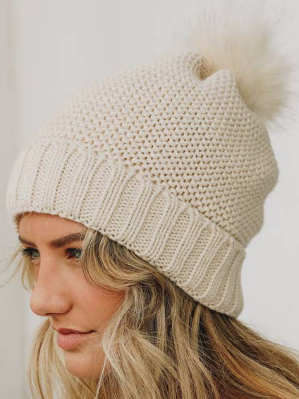 Cream No Bad Days beanie with fluffy pompom
