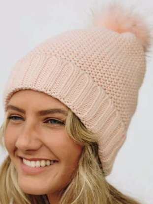 Pink No Bad Days beanie with fluffy pompom
