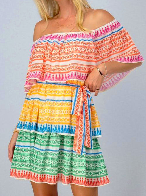 Summer Siesta Off Shoulder Multicolor Dress | sassyshortcake.com | Sassy Shortcake