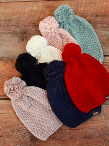 Red knit beanie with pom-pom
