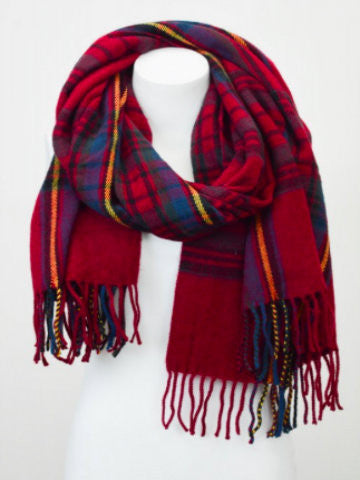 Red plaid tassel scarf with multicolored stripes and fringe

