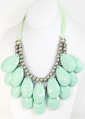 Mint teal statement necklace with silver beads and teardrop pendants.
