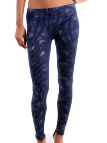 Navy blue leggings with a subtle metallic pattern.
