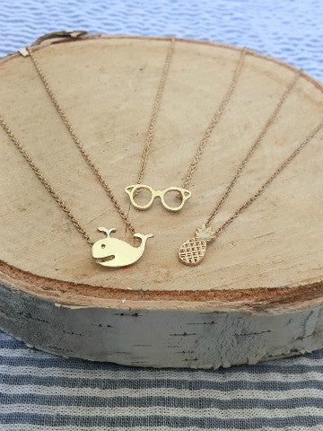 Gold Sunnies Charm Necklace: whale, pineapple, & glasses pendants
