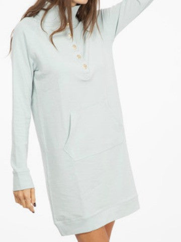 Light blue long-sleeve henley dress with kangaroo pocket.
